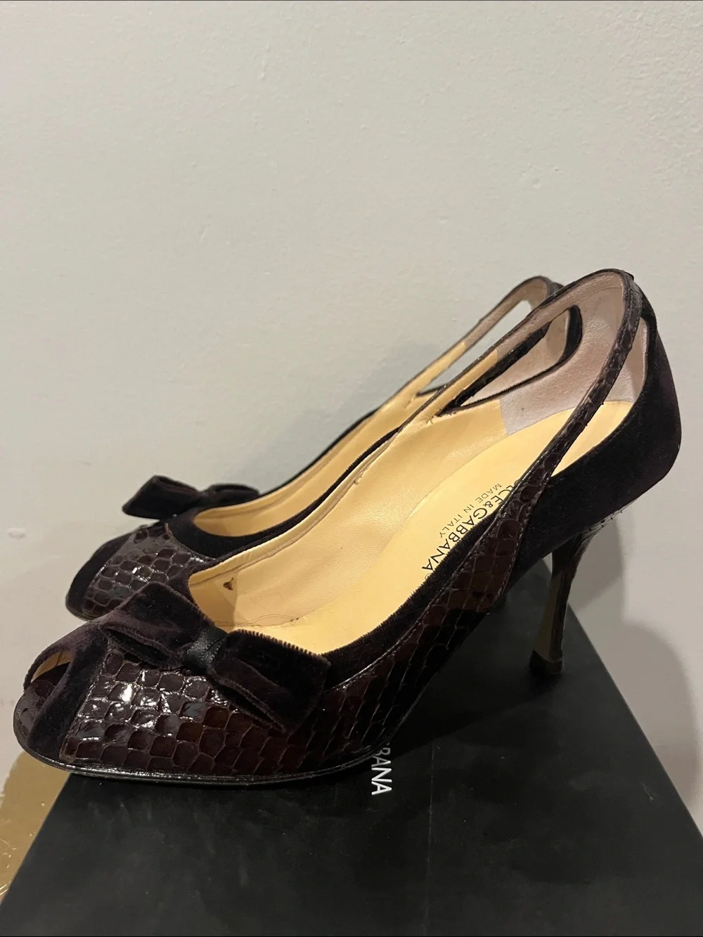 Dolce & Gabbana Dark Brown Peep-Toe Slingback Heels with Velvet Bow